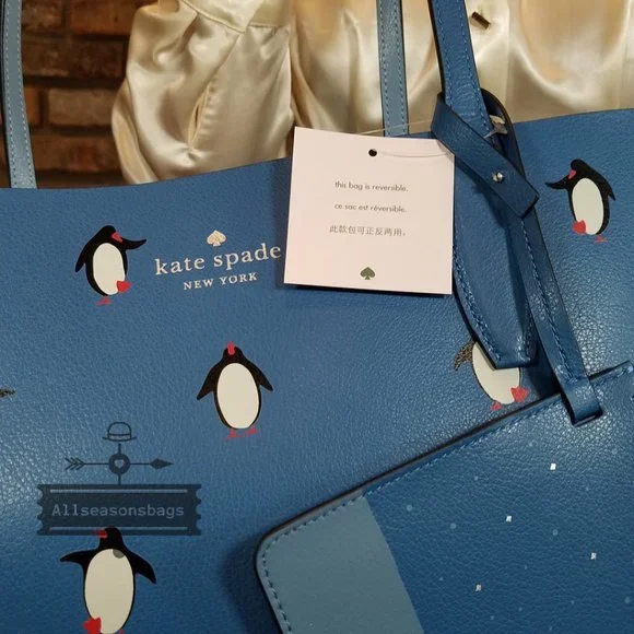 KATE SPADE ARCTIC FRIENDS PENGUIN LARGE REVERSIBLE TOTE W/WRISLET K4745 NWT $35 - Picture 7 of 9